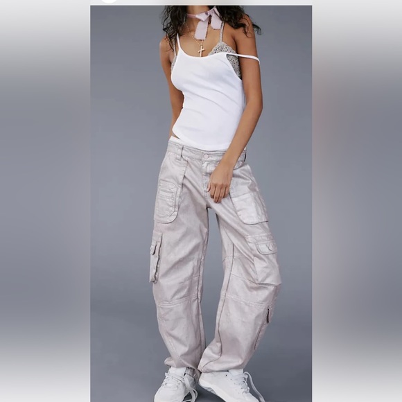 Free People We The Free Lap Of Luxury Barrel Cargo Jeans Metallic Coating